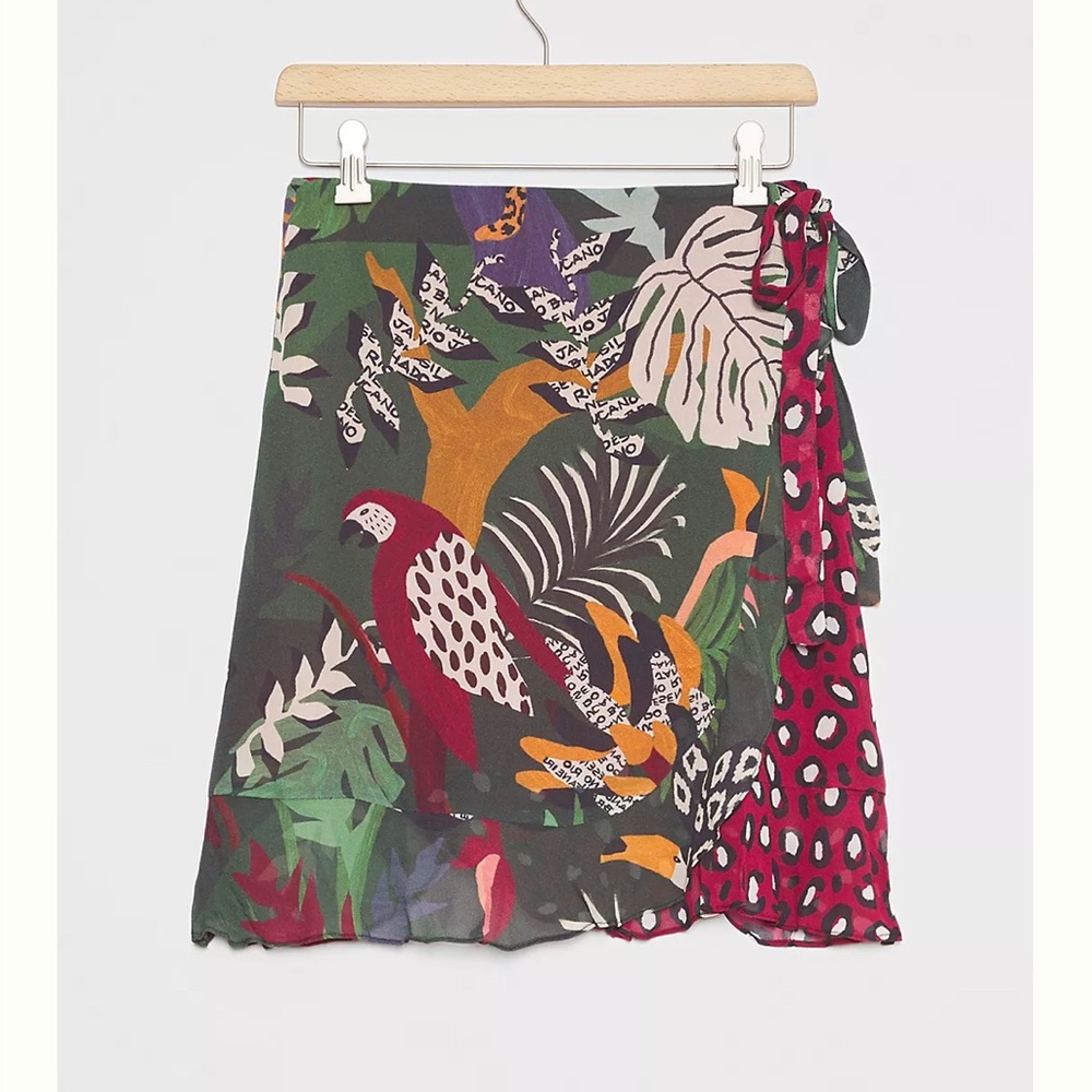 Farm for Anthropology Rio Belen Wrap Floral Tropical Boho Bird Mini Skirt XS